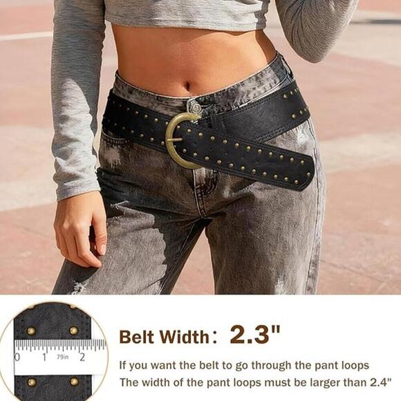 Wide Chunky Studded Leather Belt – 2.3” Vintage Waist Belt with Brass Buckle main image 9